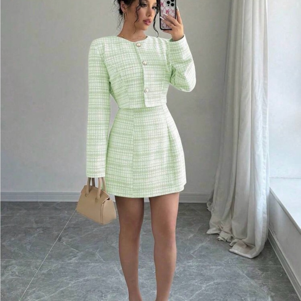 Chic Green Tweed Dress and Jacket Set